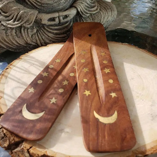 Star and Moon Wood Boat Incense Burner