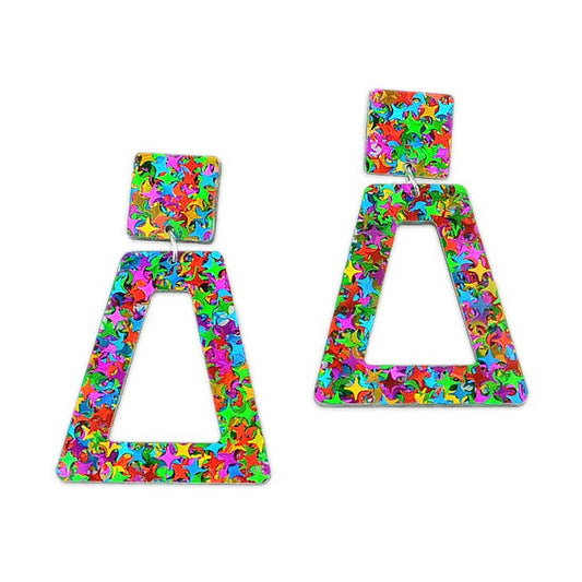 Rainbow Star Confetti Trapezoid Doorknocker Earrings