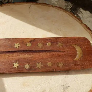 Star and Moon Wood Boat Incense Burner