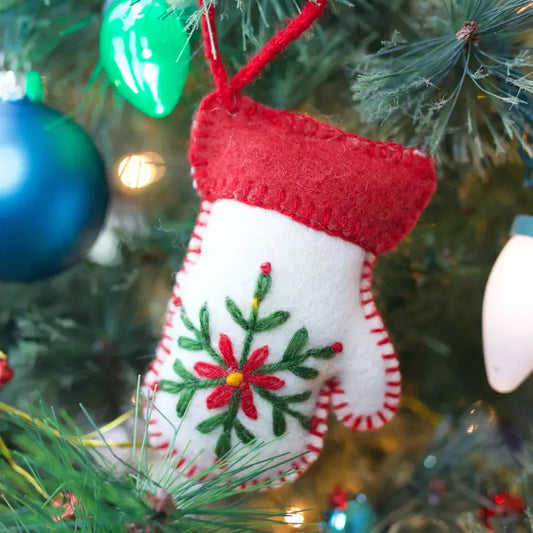 White Mitten Embroidered Wool Ornament